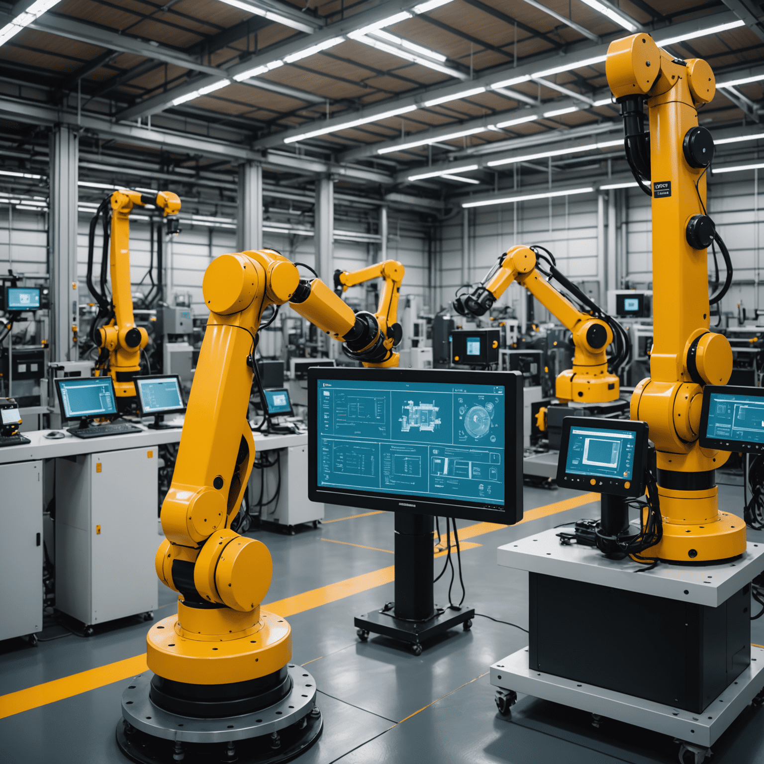 Visualisierung eines KI-gesteuerten Wartungssystems in einer modernen Fabrik. Roboter und Sensoren überwachen Maschinen, während Datenströme und Prognosen auf Bildschirmen angezeigt werden.