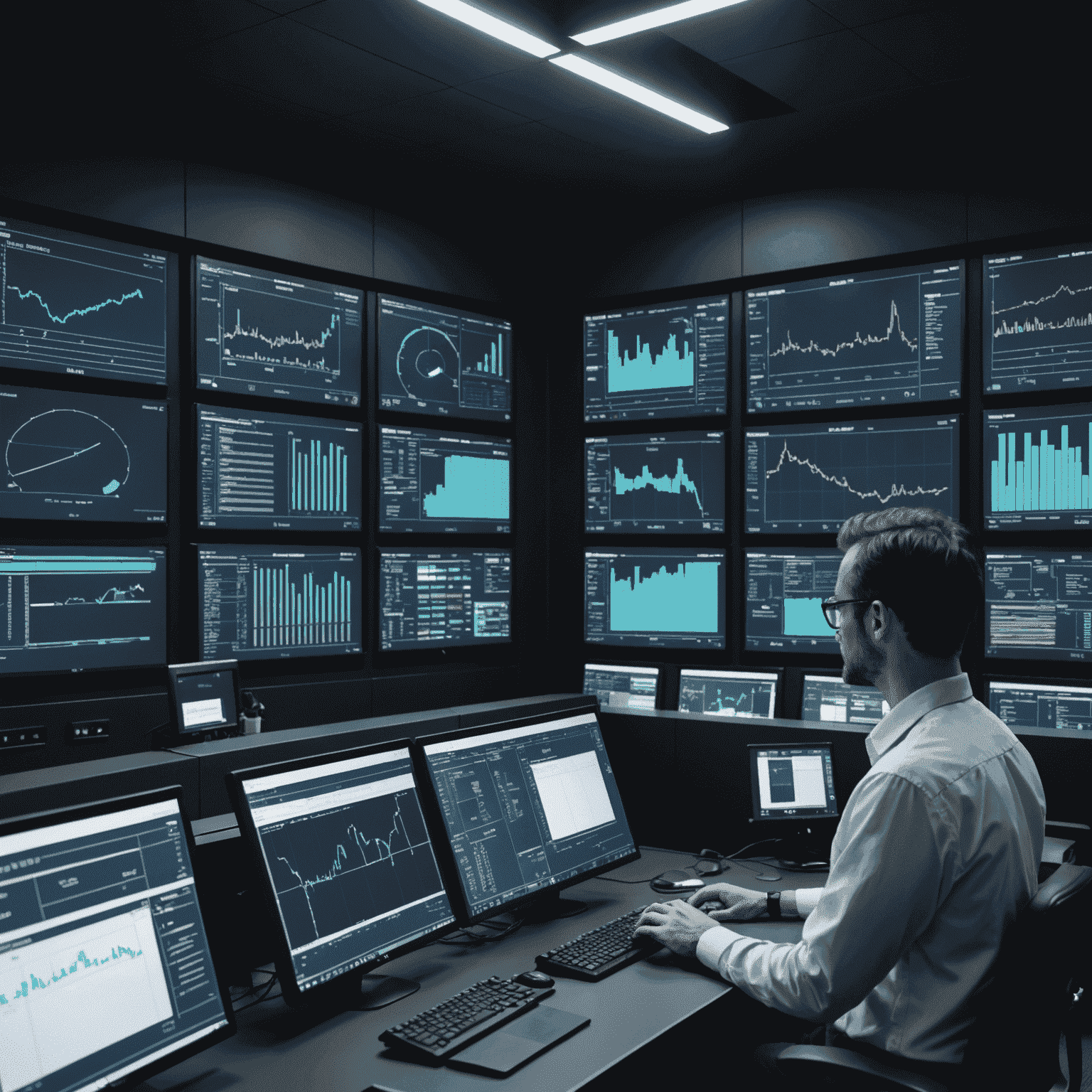 Eine Visualisierung von Produktionsdaten auf einem großen Bildschirm in einem Kontrollraum. Ein Team von Ingenieuren analysiert die von KI-Systemen in Echtzeit generierten Daten, um Produktionsprozesse zu optimieren.