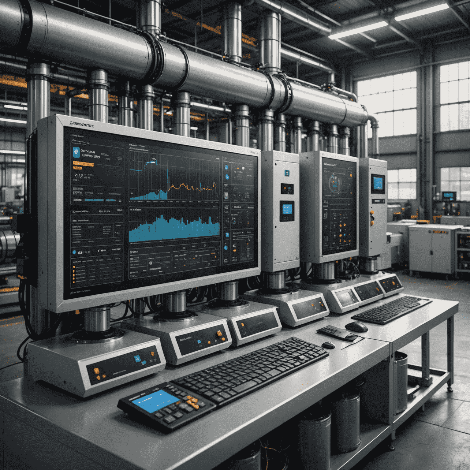 Grafische Darstellung eines KI-gesteuerten Energiemanagementsystems in einer Fabrik