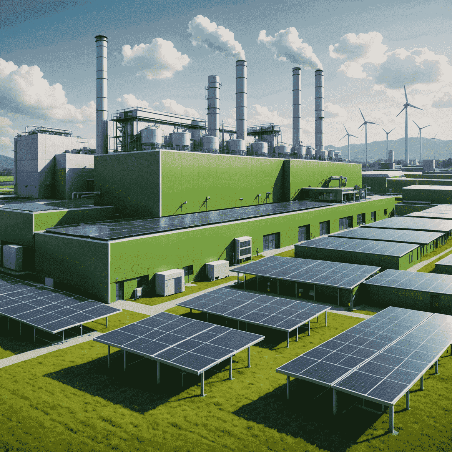 Grafik einer grünen Fabrik mit Solarpanelen und KI-Symbolen